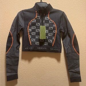 Gucci Black Crop Top with Orange Trim and White GG Pattern